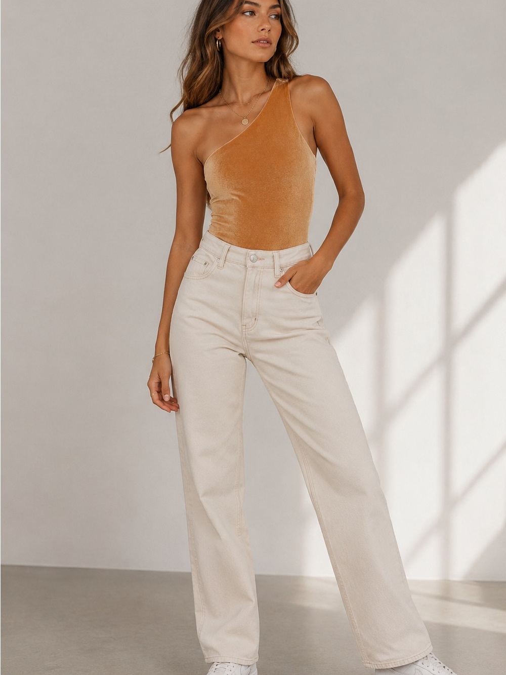Fabletics Gigi Velour Light Honey One Shoulder Back Cutout Thing Bodysuit NWT